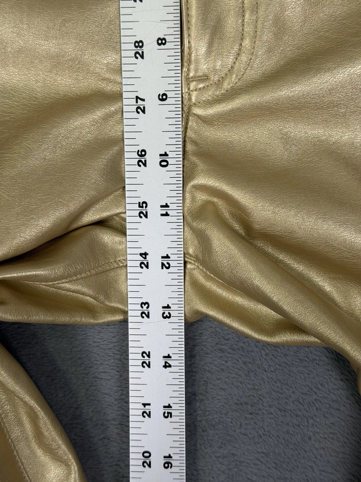 Pantalones Express para mujer 12 dorados de cuero brillante ajustados tiro súper alto dobladillo recto crudo Foto 4 de 4