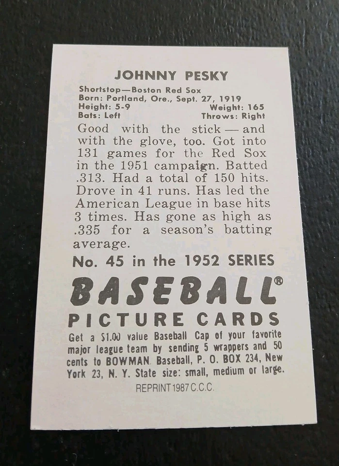 1952 Bowman # 45 1987 Reprint Johnny Pesky Signed Red Sox Auto NM-MT - Image 2 of 2