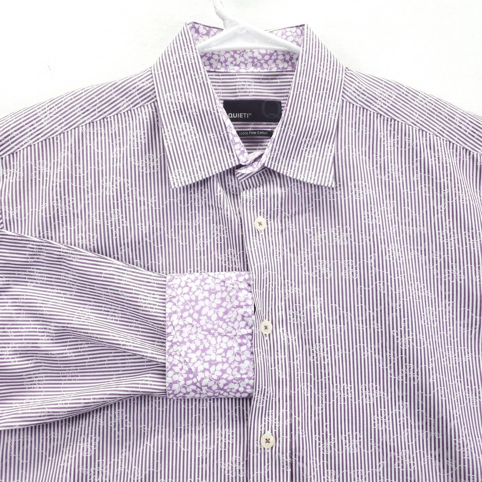 Quieti Shirt Mens Large Purple White Striped Floral Long Sleeve Flip Cuffs