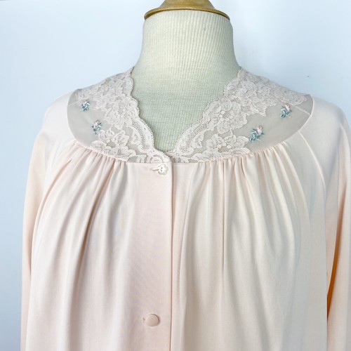 Vintage 60s Shadowline robe housecoat peachy pink lace floral button front S - Picture 2 of 12