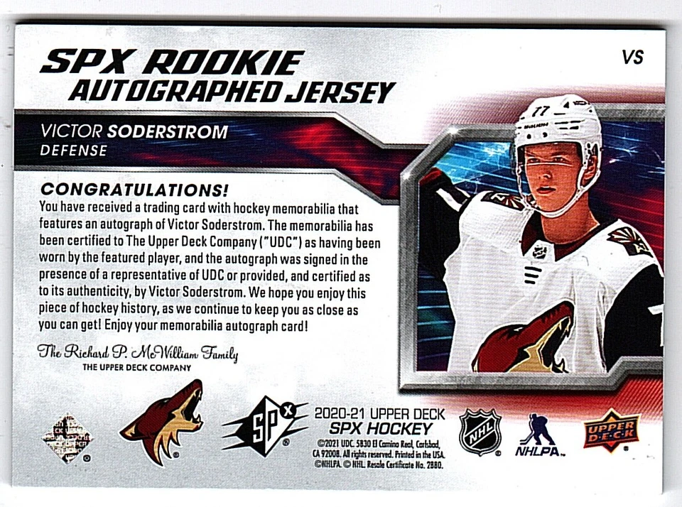 2020-21 SPx #VS Victor Soderstrom Coyotes Rookie Jersey Auto #/375 (ref 110211) - Image 2 of 2