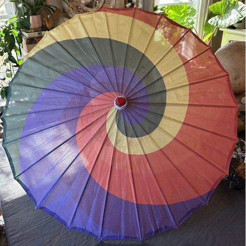 Traditional Vintage Japanese umbrella whirlpool 22” wood handle rainbow Chinese - Picture 4 of 21