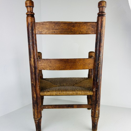 Old Antique Childs Chair Wooden Shaker Ladder Rush Kane woven straw primitive - Imagen 6 de 13