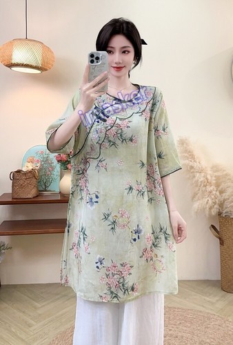 Retro Womens Floral Printed Linen Tops Shirt Dress Round Neck Mid Legth Dress - Picture 8 of 28