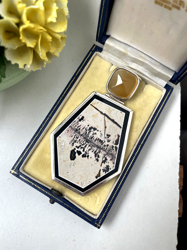 GORGEOUS 925 SOLID STERLING SILVER HUGE MODERNIST PICTURE AGATE PENDANT NO CHAIN - Picture 10 of 15