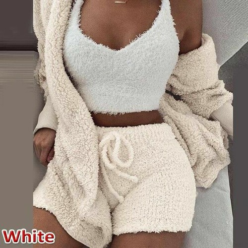 Womens Vest Shorts Sets Pajamas Loungewear 3Pcs Fluffy Fur Cardigan Jacket Coat - Picture 9 of 14