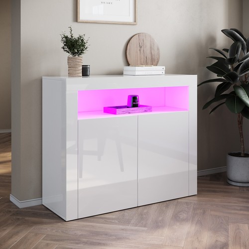 White High Gloss RGB LED Sideboard Living Room Storage 2 Doors Cabinet Cupboard - Picture 16 of 17