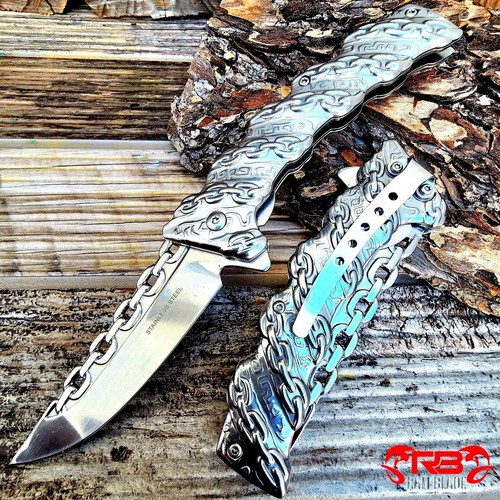 8” Silver Steel Chain Tactical Spring Assisted Open Blade Folding Pocket Knife - Picture 2 of 7