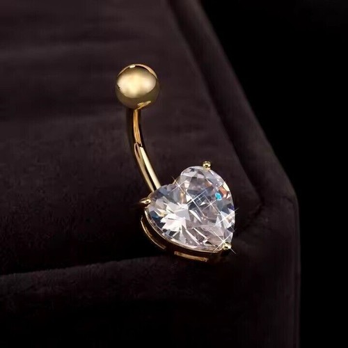 2CT Heart Diamond Body Piercing Belly Button Ring 14K Micro Yellow Gold Plated - Picture 2 of 8