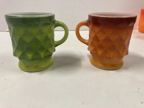 Anchor Hocking Fire King Kimberly Diamonds Glass Cup Mug Vtg Bump Orange Green