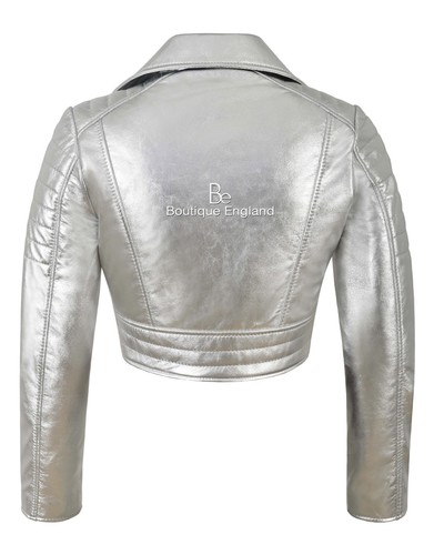 Ladies Biker Metallic Leather Jacket Cropped Short Body Style Real Lambskin 5625 - Picture 11 of 14