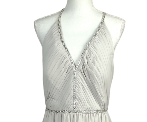 New Jenny Packham Gown Size 16 Oyster Rhinestone Pleated Bodice Chiffon Flowy - Picture 3 of 9
