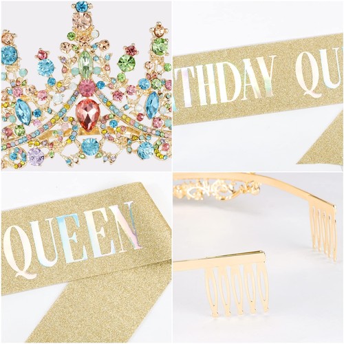 Multicolor Birthday Crown and Sash Set Girls Princess Tiara Party Cosplay Gifts - Picture 4 of 7