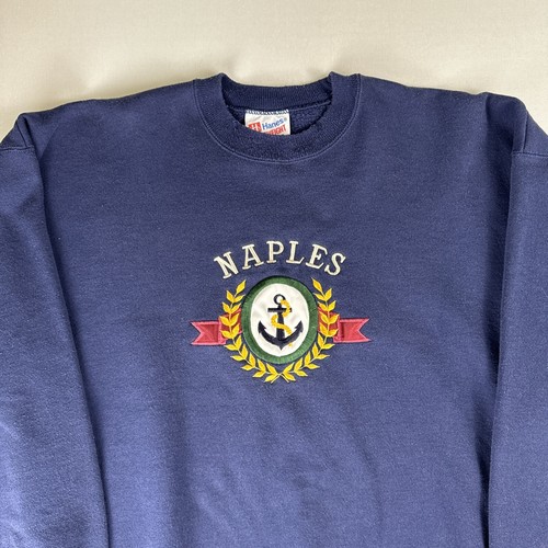 Vtg 90s Hanes Heavyweight Crewneck Sweatshirt Naples Embroidery Navy Blue USA XL - Picture 2 of 21