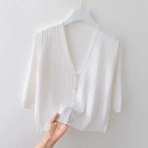 Solid Knitted Sweaters Coats Spring Summer Half Sleeve V-neck Korean Casual Slim - Picture 23 of 24