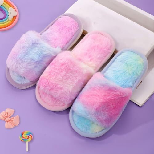 Fluffy Slippers for Kids Girls Furry Slides Open Toe Home Indoor 1 Big Kid Pink - Picture 3 of 8