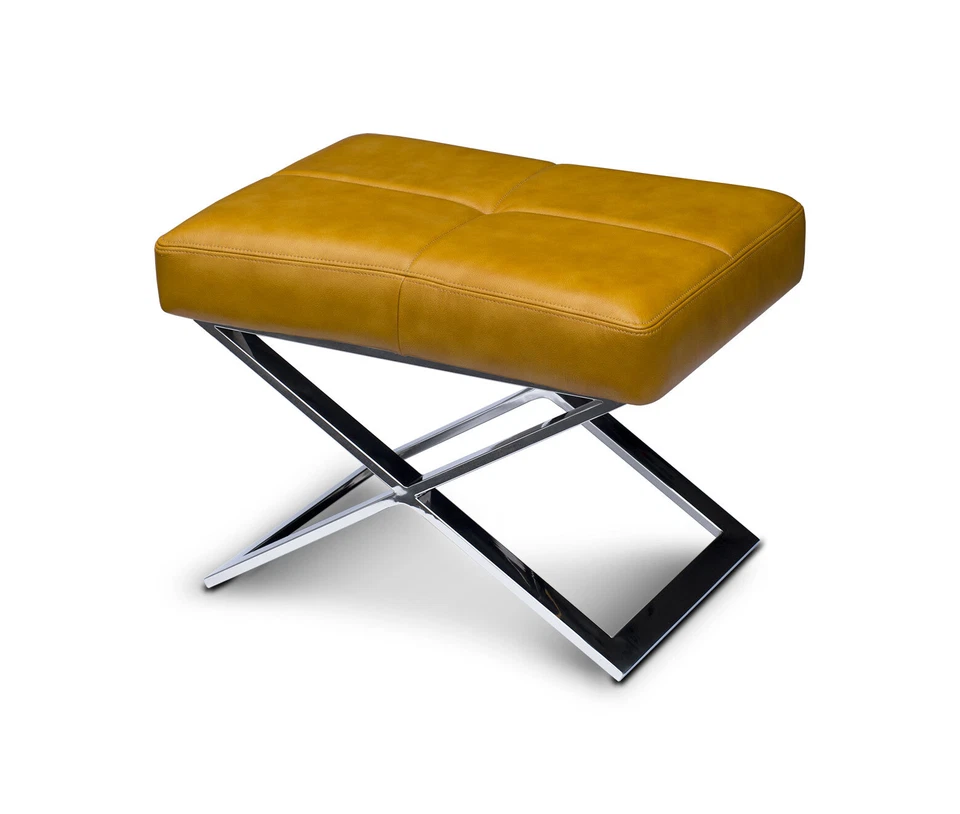 Bauhaus Tabouret Ottoman en Cuir Marron Clair sur Pied en Acier Inoxydable Poli - Photo 1/2