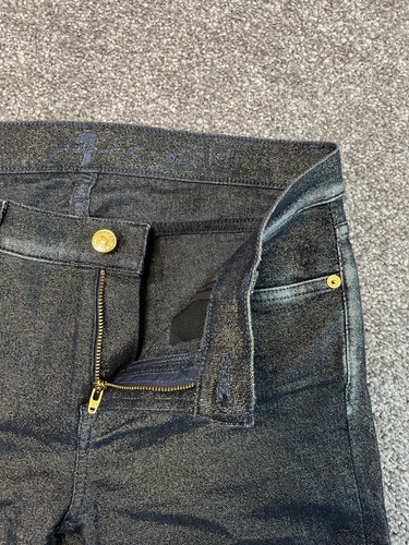 Pantalones de mezclilla para mujer ajustados rectos brillantes dorados elásticos 7 para toda la humanidad W29 L30 - Imagen 9 de 12
