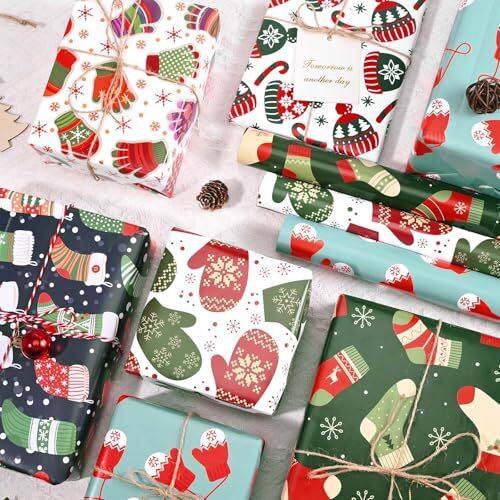 12 Sheets Christmas Wrapping Paper with Christmas Gloves Stockings Xmas Gloves - Bild 4 von 7