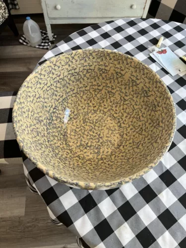 RRP Roseville Ohio Pottery : Blue Spongeware Large 16” Vintage Mixing Bowl