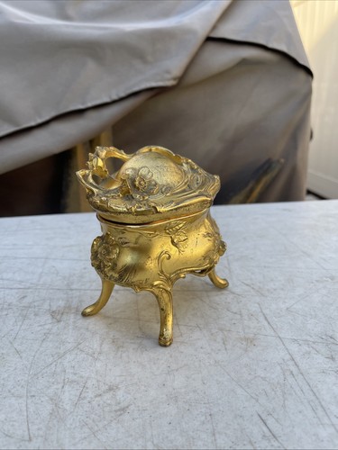 Vintage Art Nouveau Gold Tone Metal Footed Trinket Casket Jewelry Box Ormolu - Picture 2 of 13