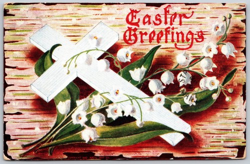 Postcard Easter Greetings White Cross Lily of the Valley - Bild 1 von 2