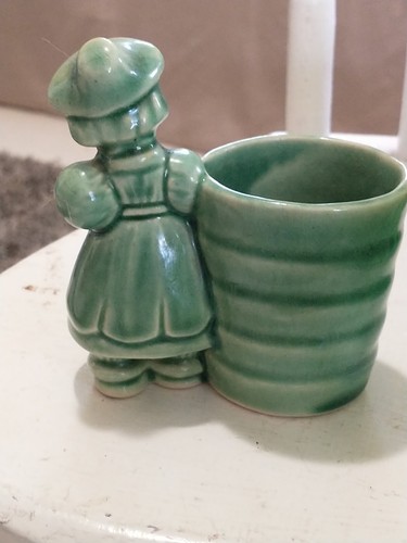 Vtg Celadon Green Succulent Tiny Planter Cache Pot Dutch Girl Pottery Glazed 40s - Bild 3 von 5
