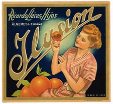 ORIGINAL ORANGE CRATE LABEL SPANISH C1940 SPAIN ILUSION RICARD LLACER BRONZED