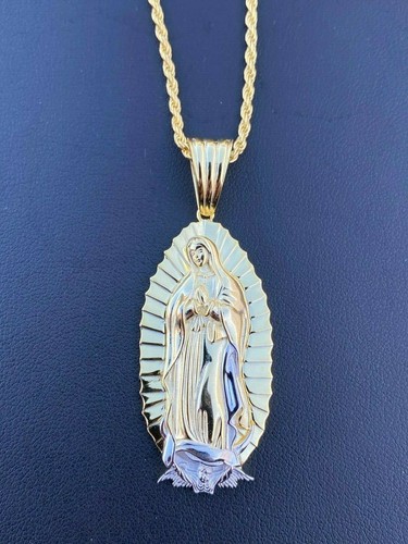 Men's Virgin Mary Pendant 14k Gold Plated Solid 925 Sterling Silver Necklace - Picture 2 of 10
