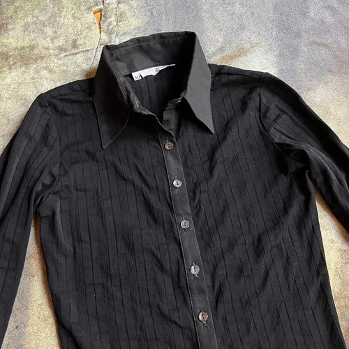 Y2k Rayure Paris minimalist goth black collared striped button up blouse sz 40 - Bild 4 von 6