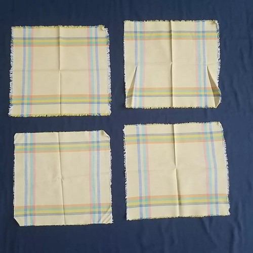 Vintage Yellow Tablecloth & 8 Napkins check frayed edges check striped 81 x 48" - Foto 17 di 18