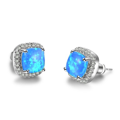 925 Sterling Silver Plated Square Blue Fire Topaz Gems Woman Stud Hook Earrings - Picture 4 of 6