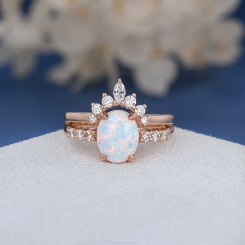 Gift For Her 14k Rose Gold Natural Opalite Diamond Wedding Set Band Wedding Ring