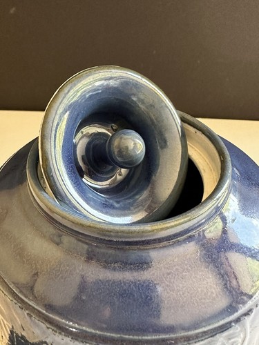 Blue Lidded Ginger Jar Studio Art Pottery Floral Embossed - Picture 5 of 24
