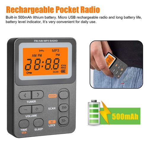 Portable Pocket Digital LCD AM FM Radio Stereo MP3 USB Rechargeable w/Earphones - Picture 5 of 9