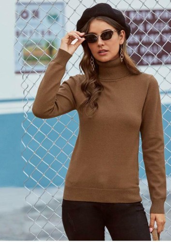 Women long Sleeve Top Ladies High Roll Polo Neck Knitted Ribbed Jumper Sweater - Picture 21 of 23