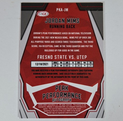 2023 Sage Low Series Football Jordan Mims Auto RC Prism Red Peak Performance - Picture 3 of 3