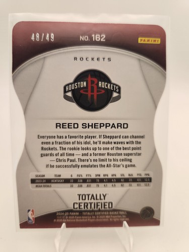2024-25 Totally Certified Reed Sheppard #162 Purple Platinum Mirror Die-Cut (RC) - Picture 2 of 3