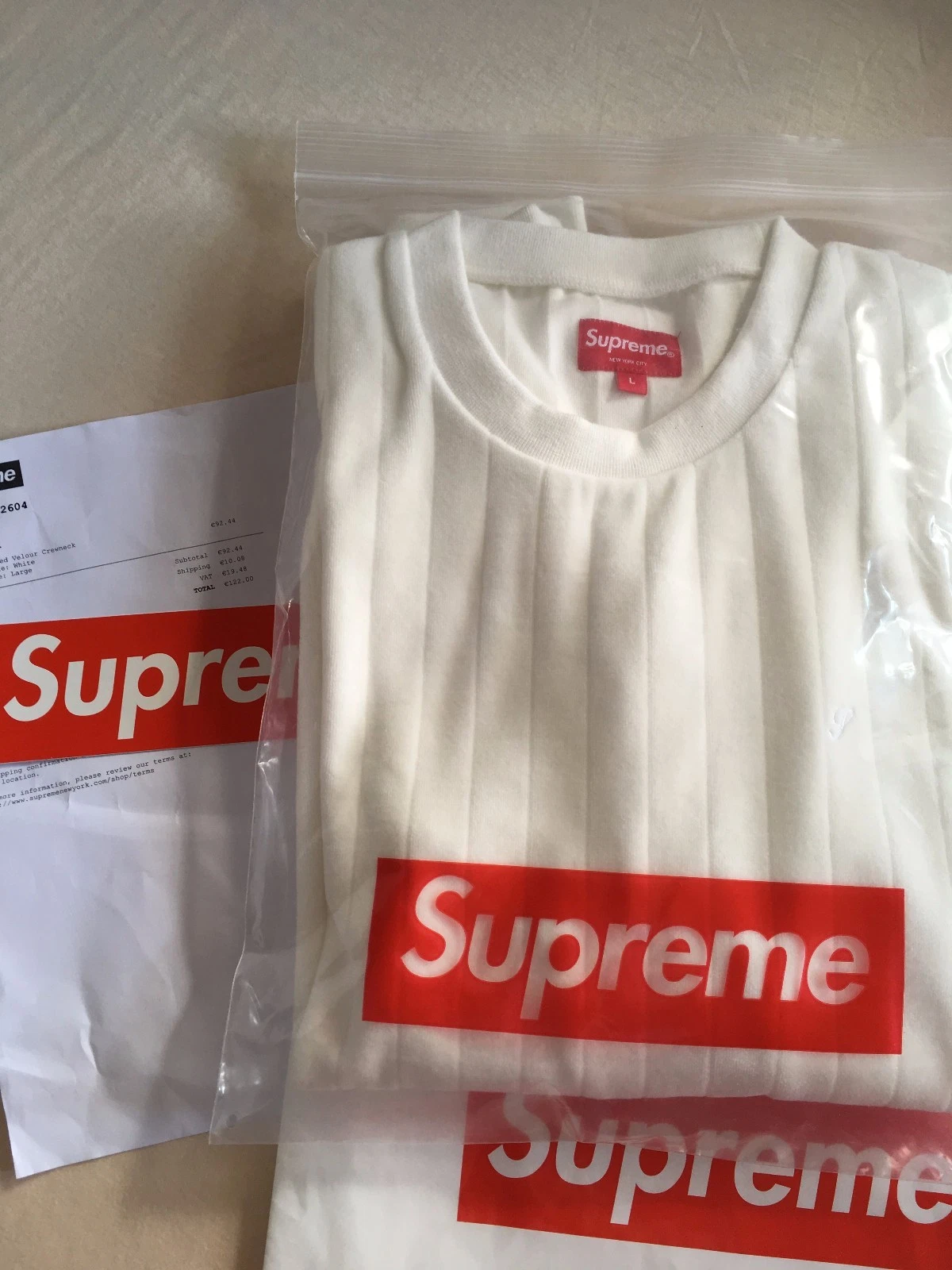 SUPREME col rond velours côtelé blanc, grand, FW2017, neuf + jamais porté
