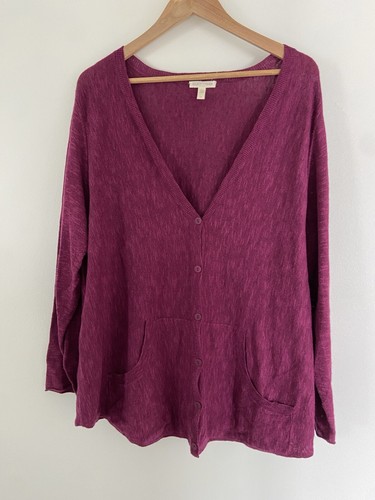 New Eileen Fisher Organic Linen Cotton V-neck Cardigan Sweater Purple Size 1X