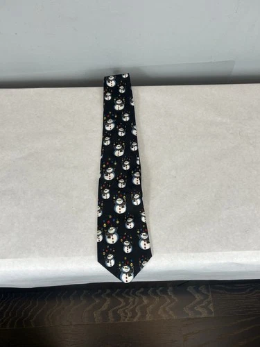 Hallmark Snowman Tie Mens Black Christmas Holiday Necktie Novelties vintage