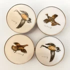 4 Vintage Cyril Gorainoff Painted Game Birds Sterling Silver Milk Glass Coasters