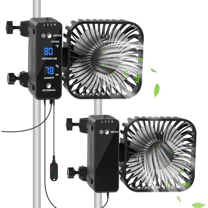Paquete de 2 ventiladores de tienda de cultivo de 4" con medidor de temperatura y humedad ventilador automático de control de oscilación Foto 2 de 4