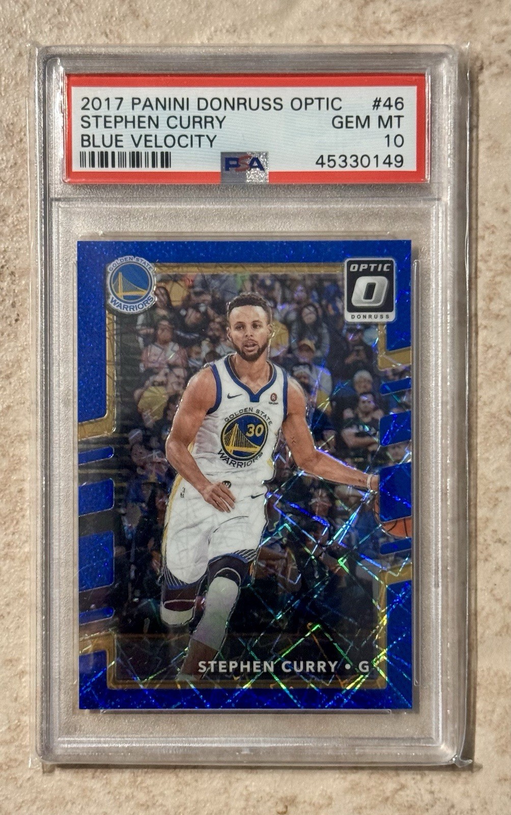 Stephen Curry 2017 Panini Donruss Optic Blue Velocity Basketball Card #46 PSA 10