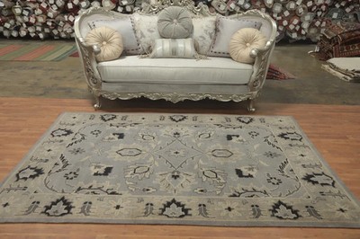 Hand Knotted Oushak Rug 8x10 Dark Grey Wool Turkish Traditional Living Area Rug