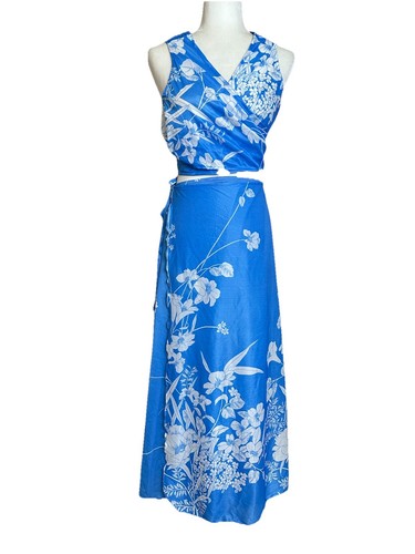 Vintage Hawaiian Two Piece Wrap Top & Skirt Polyester Blue White Sz Medium