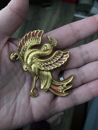 Vintage Metal And Red Enamel Arthus Bertrand Paris Phoenix Or Griffin Brooch - Picture 5 of 6