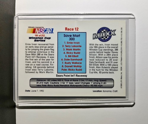 Tarjeta NASCAR Race 12 Sears Point año 1993 Maxx Premier Plus Racing #191 - Imagen 2 de 2