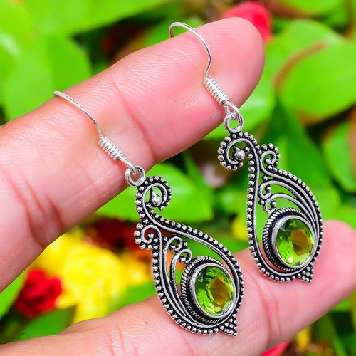 Natural Peridot Gemstone Handmade 925 Sterling Silver Earring 2.01" Gift a805 - Picture 2 of 7