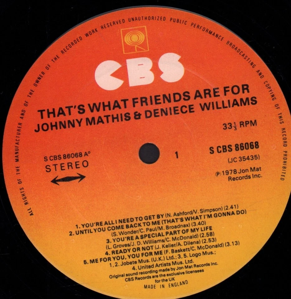 Johnny Mathis Et Deniece Williams That's What Friends Are For LP Vinyle UK CBS - Photo 3/3